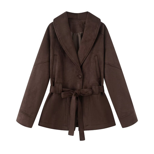 Damen Kurzjacke Breiter Kragen Taillengürtel Eveloria - Eveloria