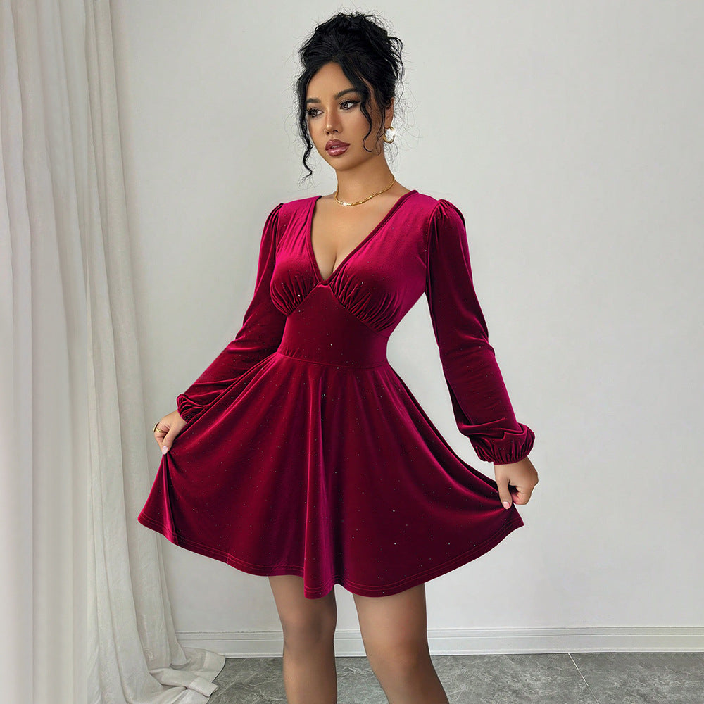 Damen Kurzarmkleid mit Puffärmeln V-Ausschnitt