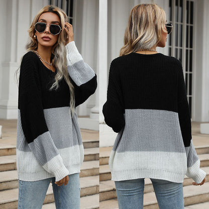 Damen Strickpullover Locker Trendiges Farbblock-Design Eveloria
