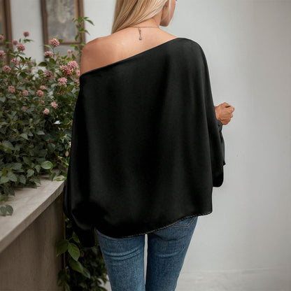 Damen Langarmtop Asymmetrisch Raffung V-Ausschnitt Elegant