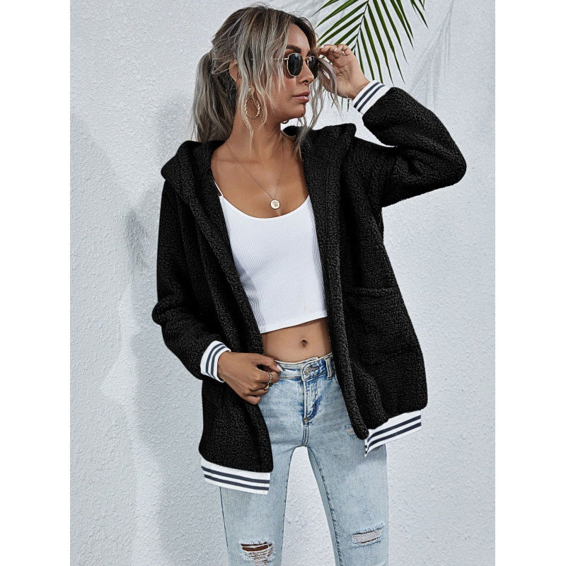 Damen Kapuzenjacke Kuscheliges Fleece Gestreifte Ärmel Schwarz - Eveloria