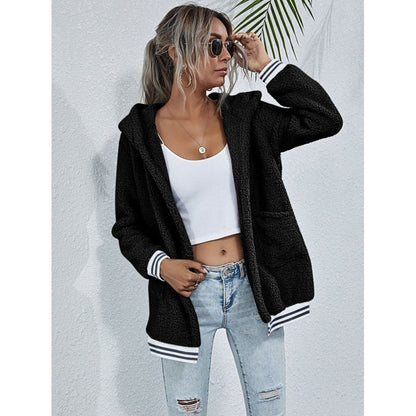 Damen Kapuzenjacke Kuscheliges Fleece Gestreifte Ärmel Schwarz - Eveloria