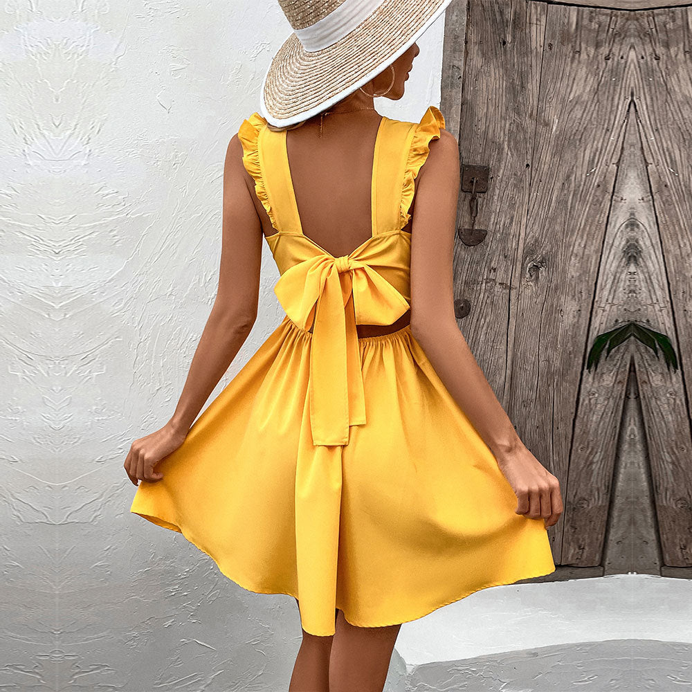 Damen Minikleid Sommer Rüschendetails V-Ausschnitt Eveloria