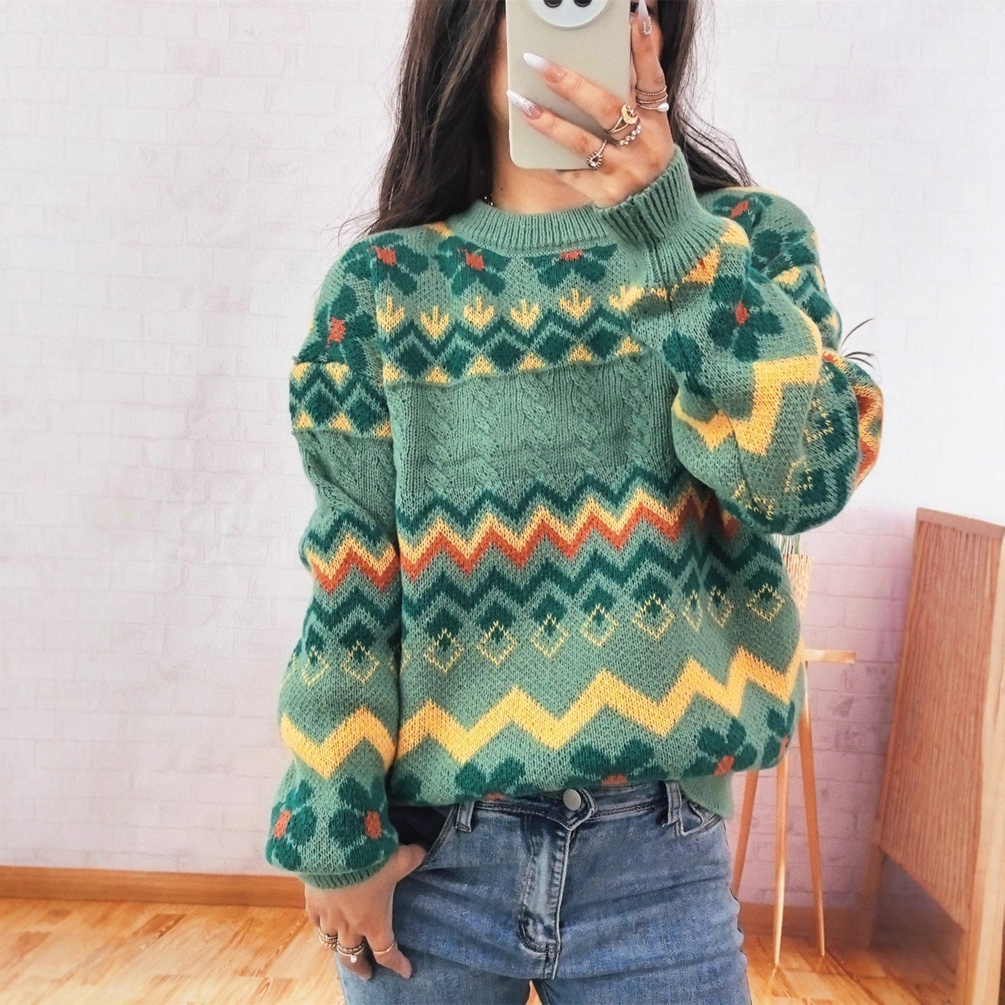 Damen Grobstrickpullover Bunt Geometrisches Muster - Eveloria