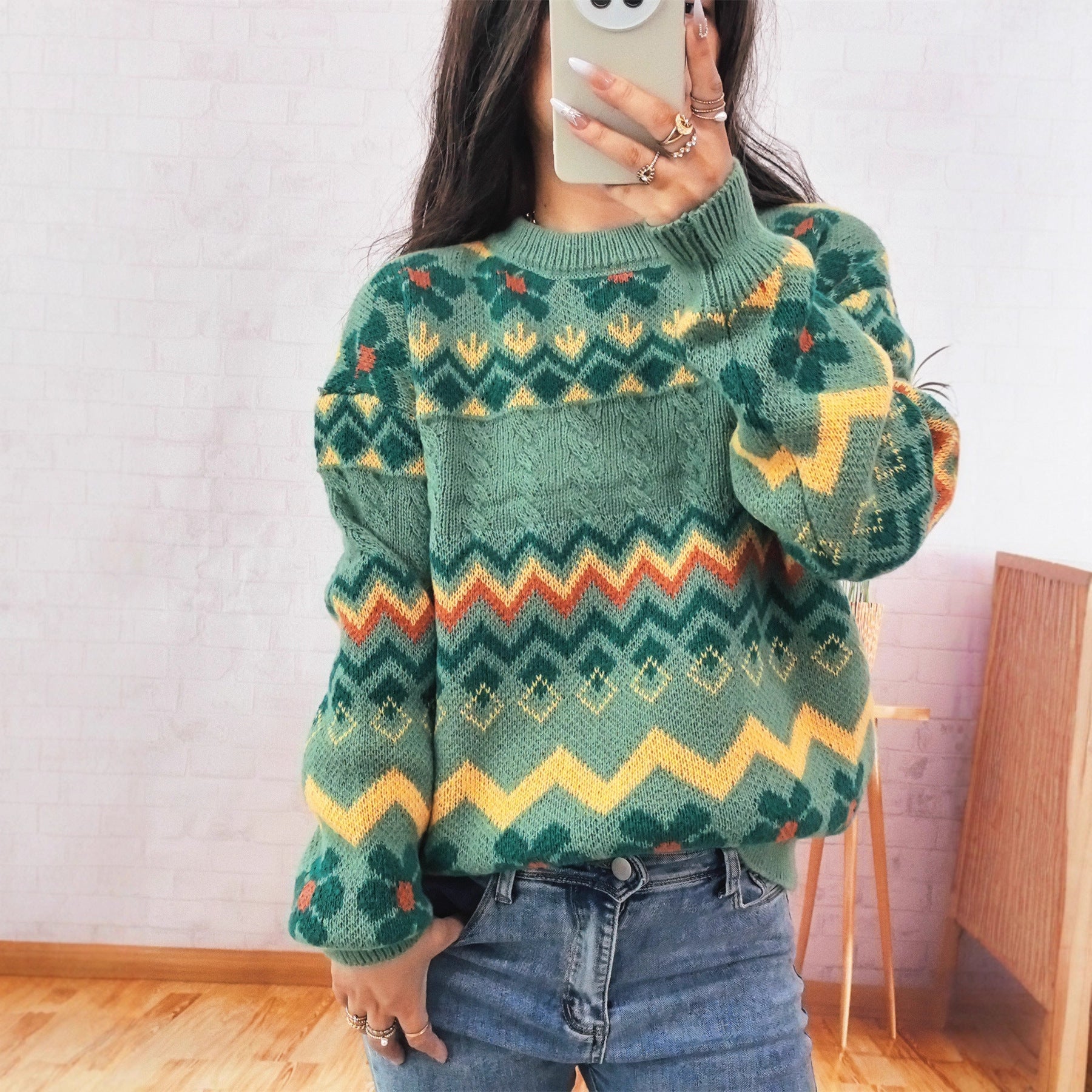 Damen Grobstrickpullover Bunt Geometrisches Muster - Eveloria