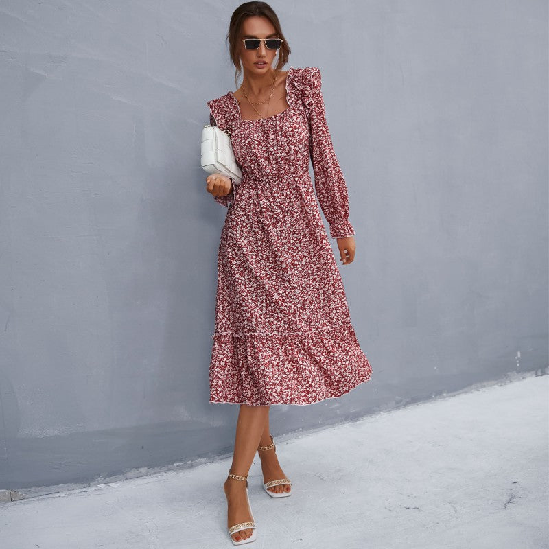 Damen Maxikleid mit Rüschendetails und floralem Muster