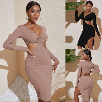Damen Minikleid Figurbetont Cut-Out Langarm Schwarz Eveloria - Eveloria