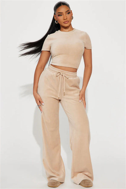 Damen Velours-Loungewear-Set Weiches Oberteil Hose Beige