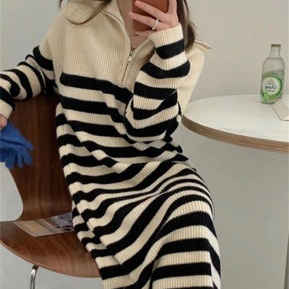 Damen Strickkleid Stehkragen Halb-Reißverschluss Eveloria