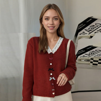 Damen Strickcardigan Rüschen Knöpfe Beige
