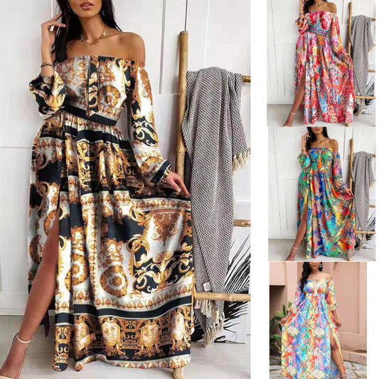 Damen Maxikleid Offene Schulter Barockmuster Eveloria - Eveloria