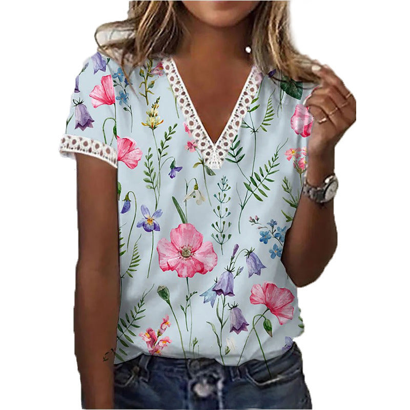 Damen T-Shirt Kurzärmelig V-Ausschnitt Print