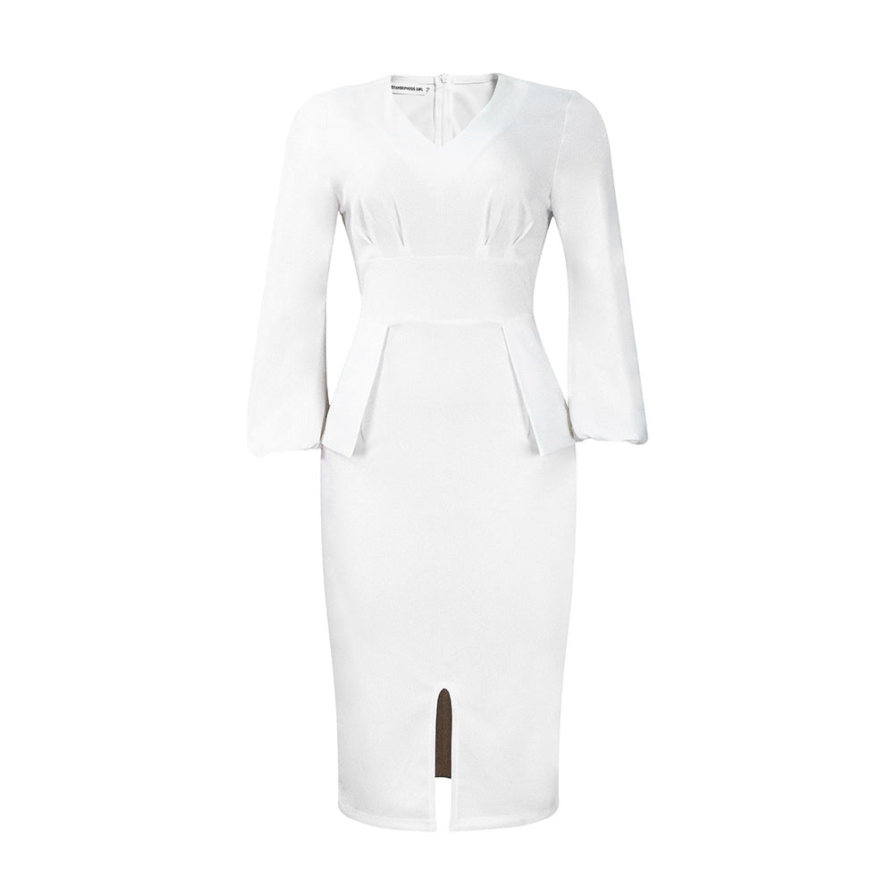 Damen Midi-Kleid Figurbetont Puffärmel Eveloria