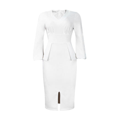 Damen Midi-Kleid Figurbetont Puffärmel Eveloria