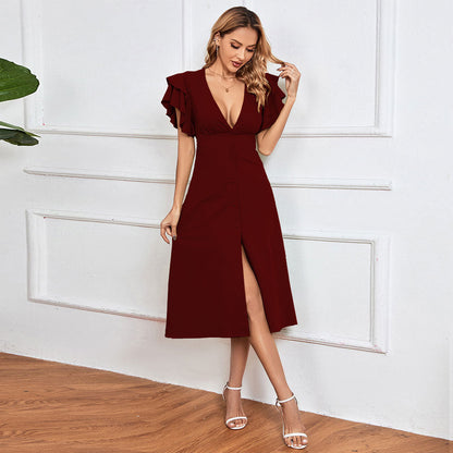 Damen Midikleid Rüschendetails Knopfleiste Eveloria