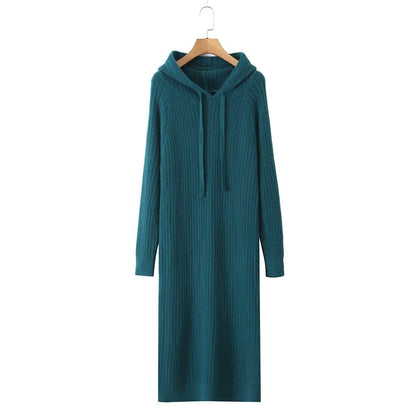 Damen Strickhoodiekleid Kapuze Rippenmuster Eveloria