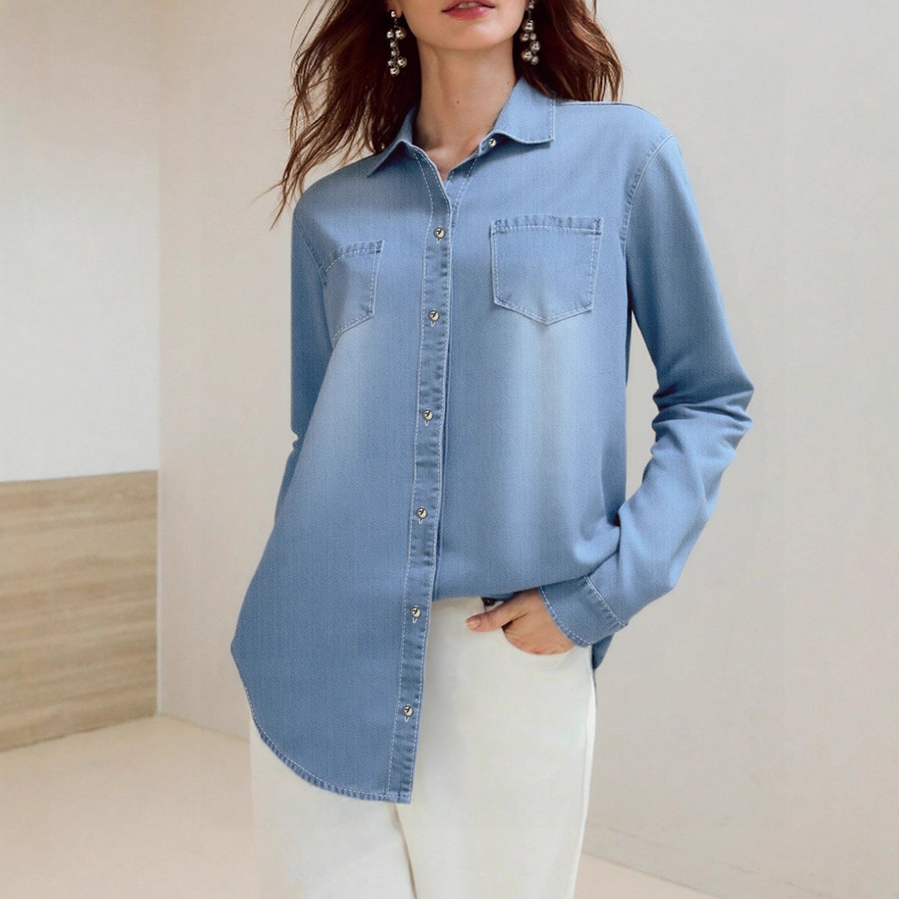 Damen Denim Hemd mit Brusttaschen und Knopfleiste Blau Eveloria - Eveloria