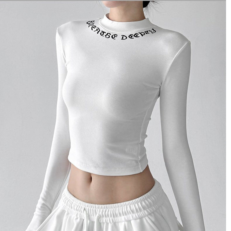 Damen Langarmshirt Figurbetont Hochkragen Mit Schriftzug