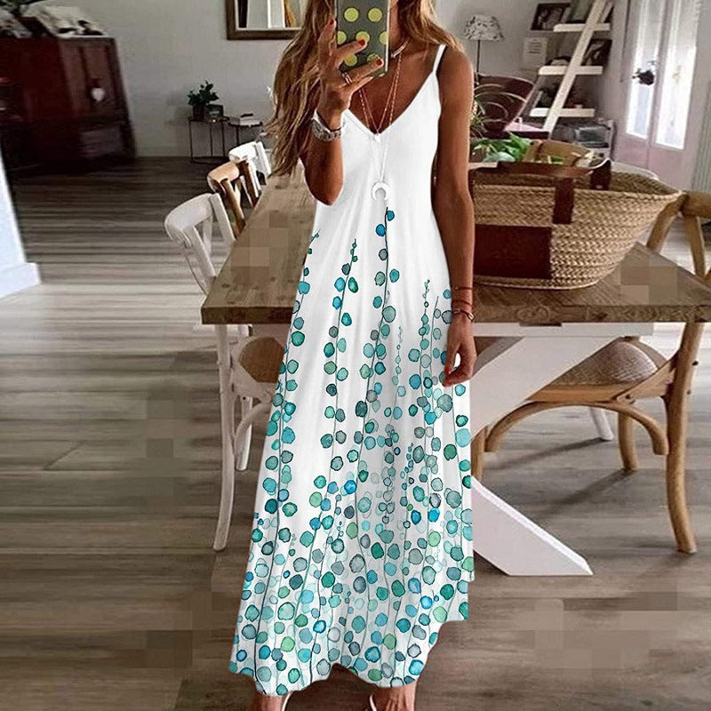 Damen Maxikleid Baumwolle Blumenprint V-Ausschnitt