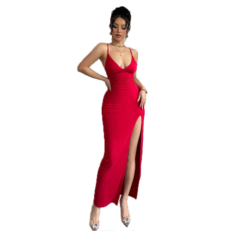 Damen Maxikleid V-Ausschnitt Seitenschlitz Eveloria