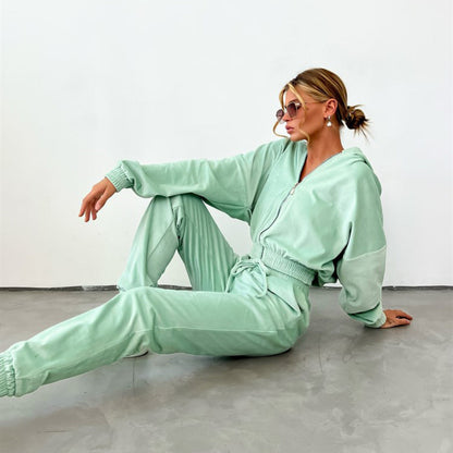 Damen Velours-Jogginganzug Kapuze Kordelzug Eveloria