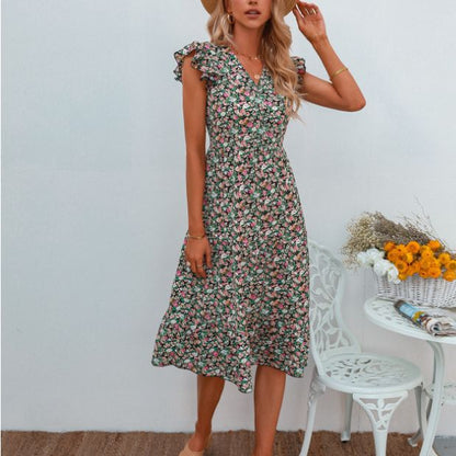 Damen A-Linien Kleid Rüschenärmel Floralmuster Eveloria