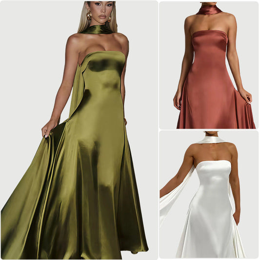 Damen Maxikleid Bandeau mit Halsschmuck und Satin - Eveloria