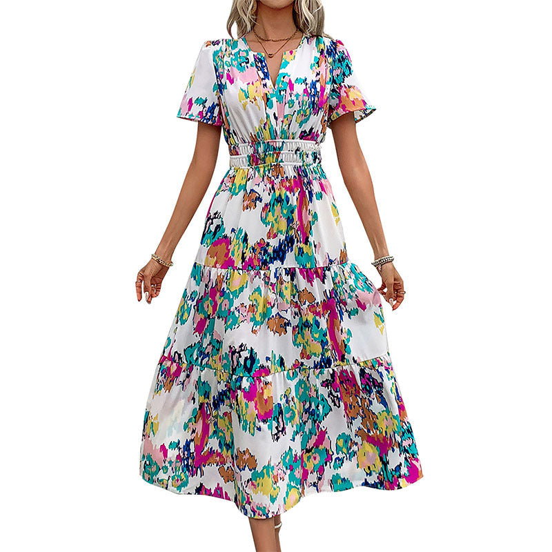 Damen Maxi-Kleid Elastischer Gürtel Verspielt Farben Eveloria