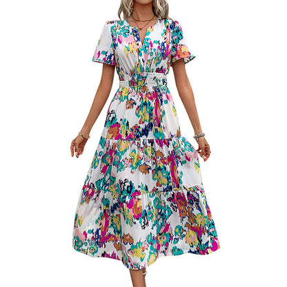 Damen Maxi-Kleid Elastischer Gürtel Verspielt Farben Eveloria