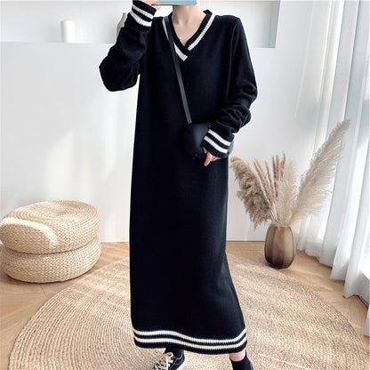 Damen Strickkleid Langarm V-Ausschnitt Rippdetails