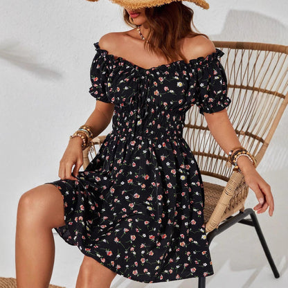 Damen Off-Shoulder Sommerkleid Florales Design Rüschenelemente