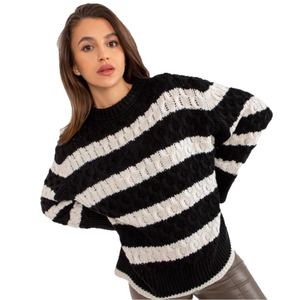 Damen Strickpullover Gestreift Voluminöse Ärmel weiß