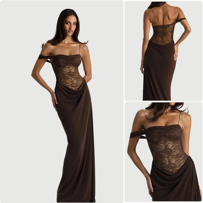 Damen Abendkleid Spitzenoberteil Schulterfrei Fließender Rock Eveloria - Eveloria