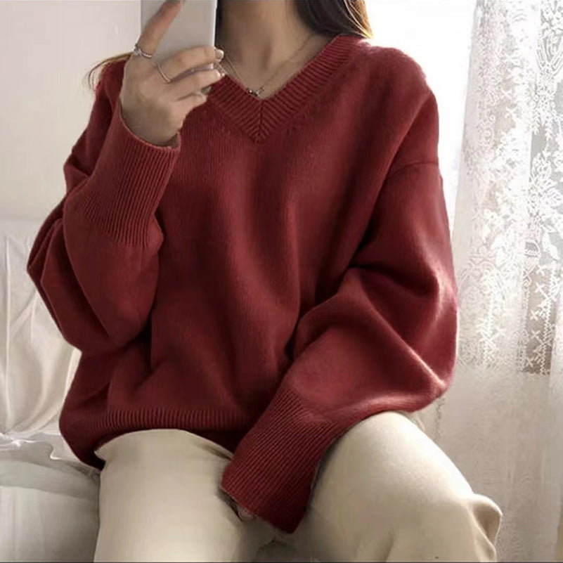 Damen Pullover Grobgestrickt V-Ausschnitt Oversized Ärmel Beige