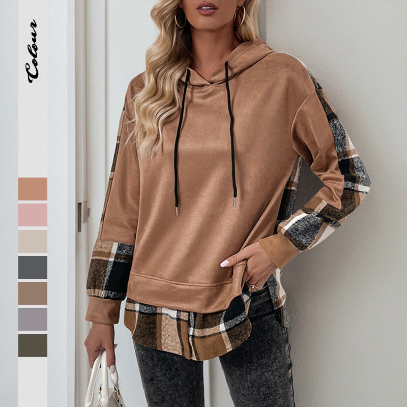 Damen Kapuzenpullover Kariert Patchwork Baumwolle Schwarz - Eveloria