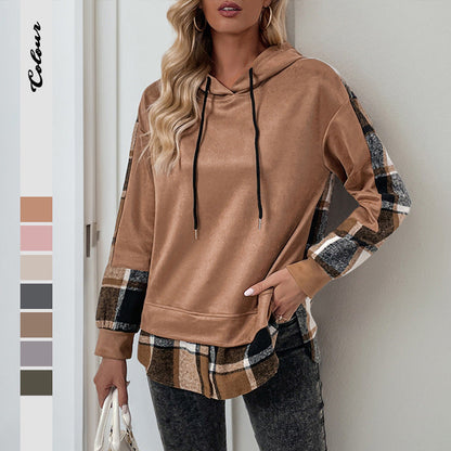 Damen Kapuzenpullover Kariert Patchwork Baumwolle Schwarz - Eveloria