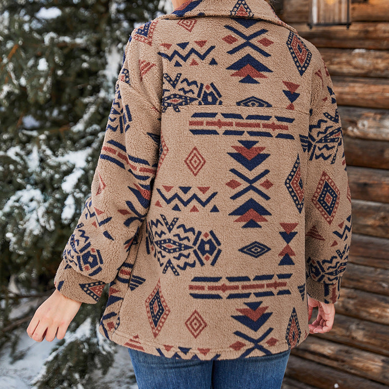 Damen Oversized Teddyjacke Reverskragen Geometrisches Muster
