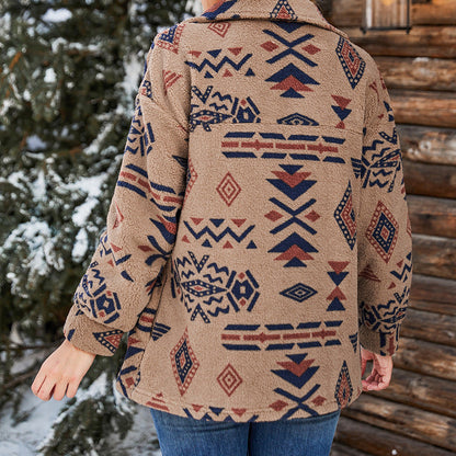 Damen Oversized Teddyjacke Reverskragen Geometrisches Muster