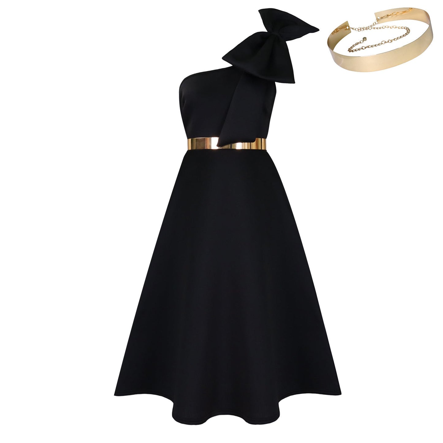 Damen Schulterfreies Kleid mit Halstuch und Goldener Akzent