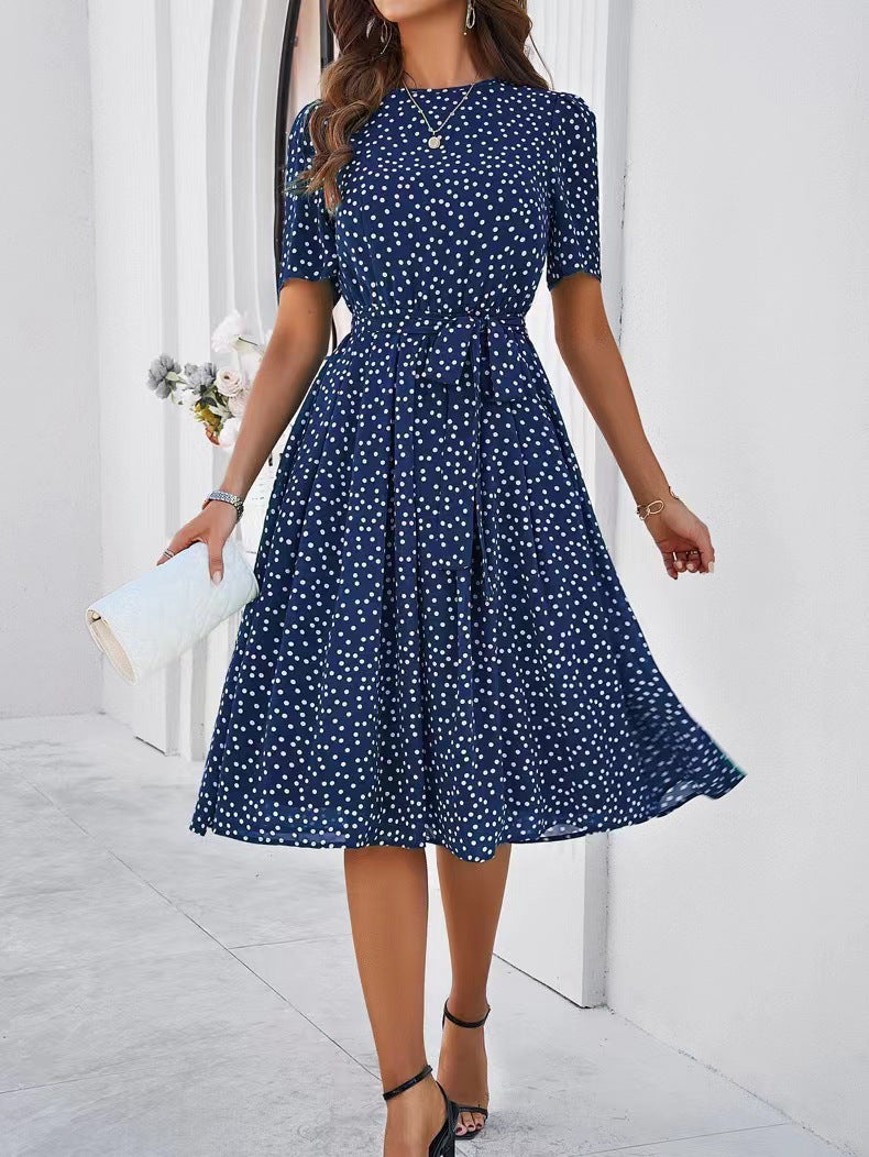 Damen Midikleid mit Punktedesign und Taillengürtel