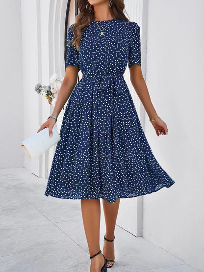 Damen Midikleid mit Punktedesign und Taillengürtel