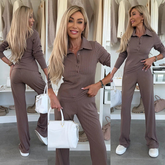 Damen Strickanzug Polo Kragen Elastisch Grau - Eveloria