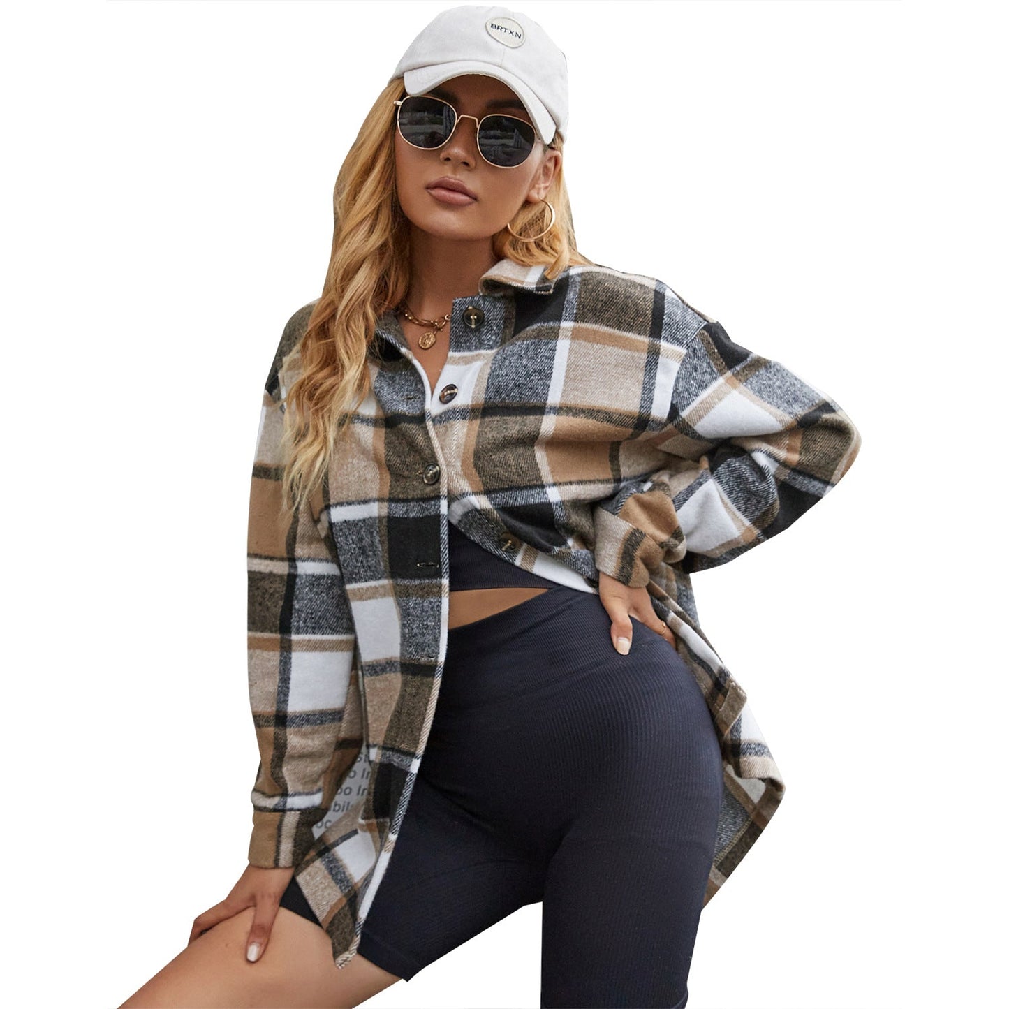 Damen Flanelljacke Kariert Knöpfe Braun