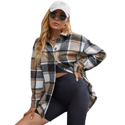 Damen Flanelljacke Kariert Knöpfe Braun