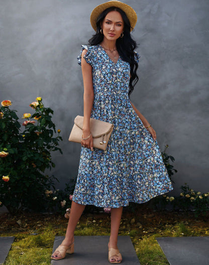 Damen A-Linien Kleid Rüschenärmel Floralmuster Eveloria