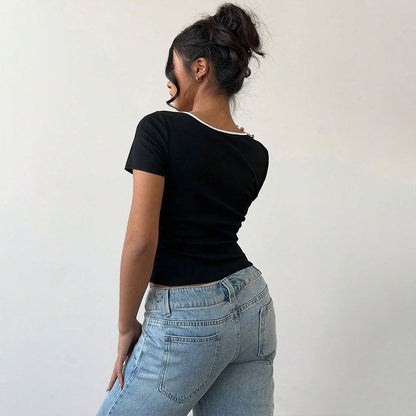 Damen Cropped Oberteil V-Ausschnitt Schmetterlingsknöpfe Weißen