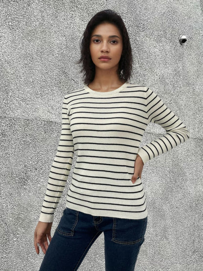 Damen Rippenpullover Gestreift Verlängerte Ärmel Eveloria