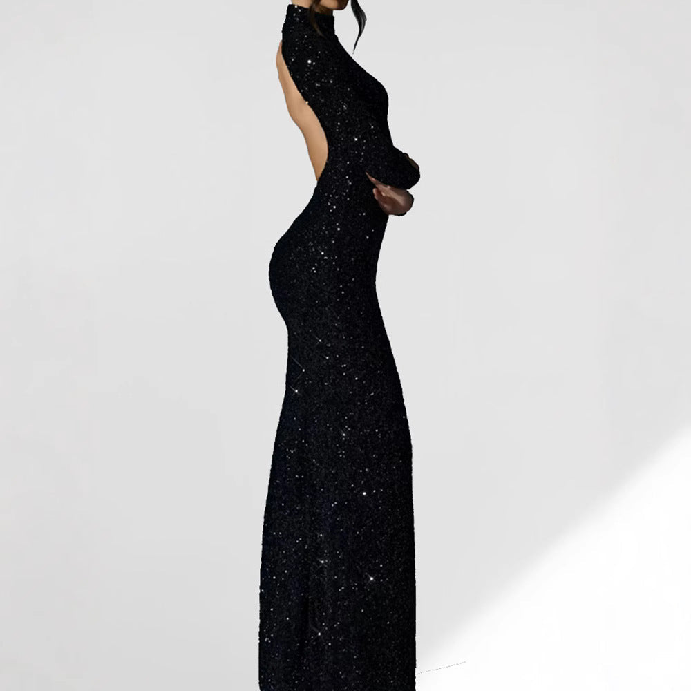 Damen Abendkleid Langarm Schimmernder Schlitz Eveloria