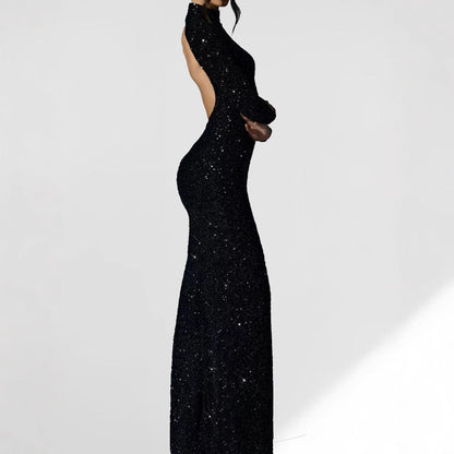 Damen Abendkleid Langarm Schimmernder Schlitz Eveloria