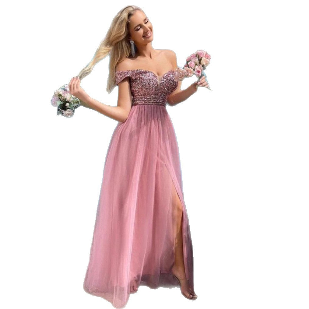 Damen Abendkleid Schulterfrei Glitzernd Eveloria